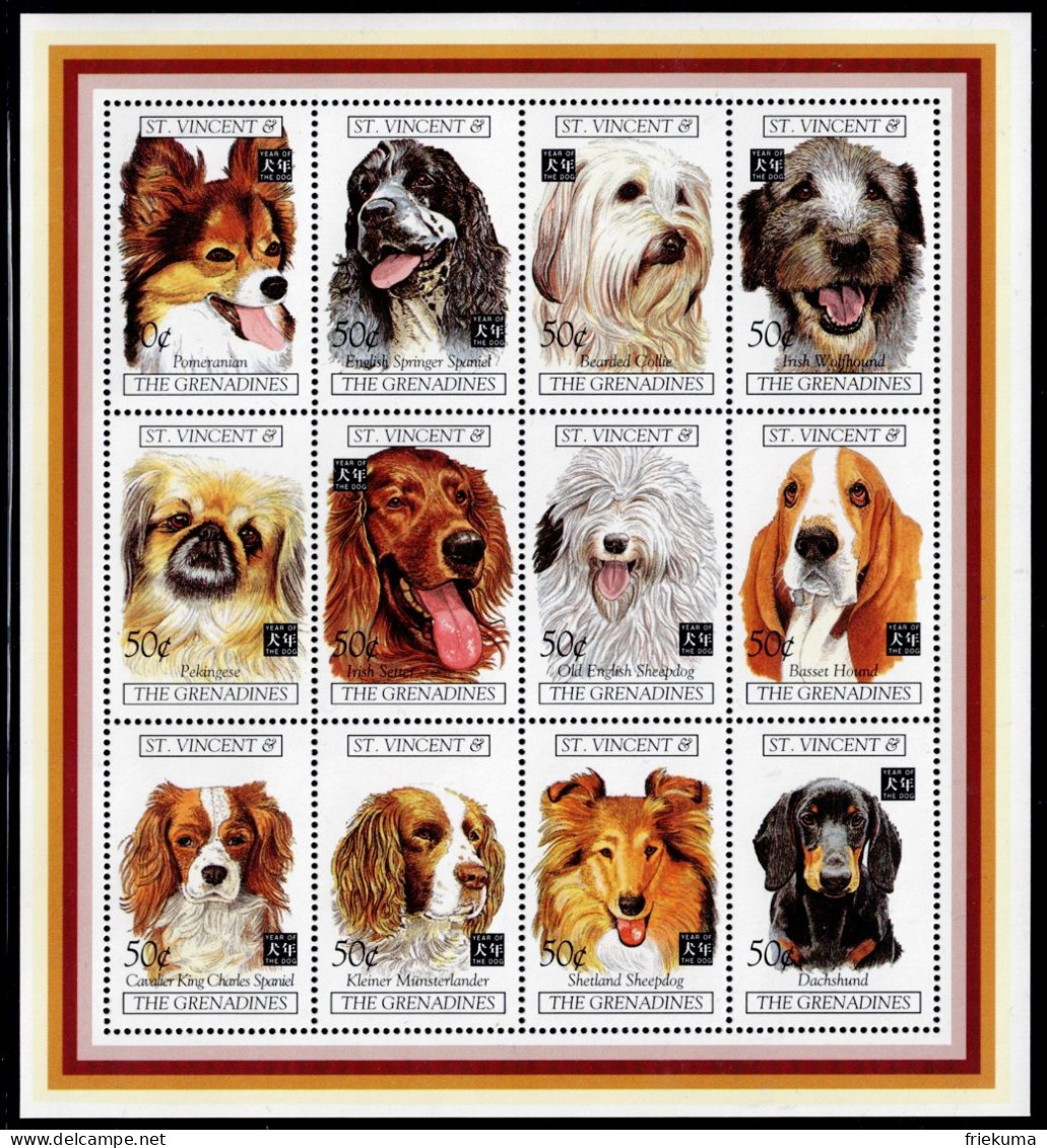 St. Vincent 1994, Dogs: Pomeranian, English Spaniel, Bearded Collie, Irish Wolfhound, Pekingese, Etc., MiNr. 2989-3000 - Perros