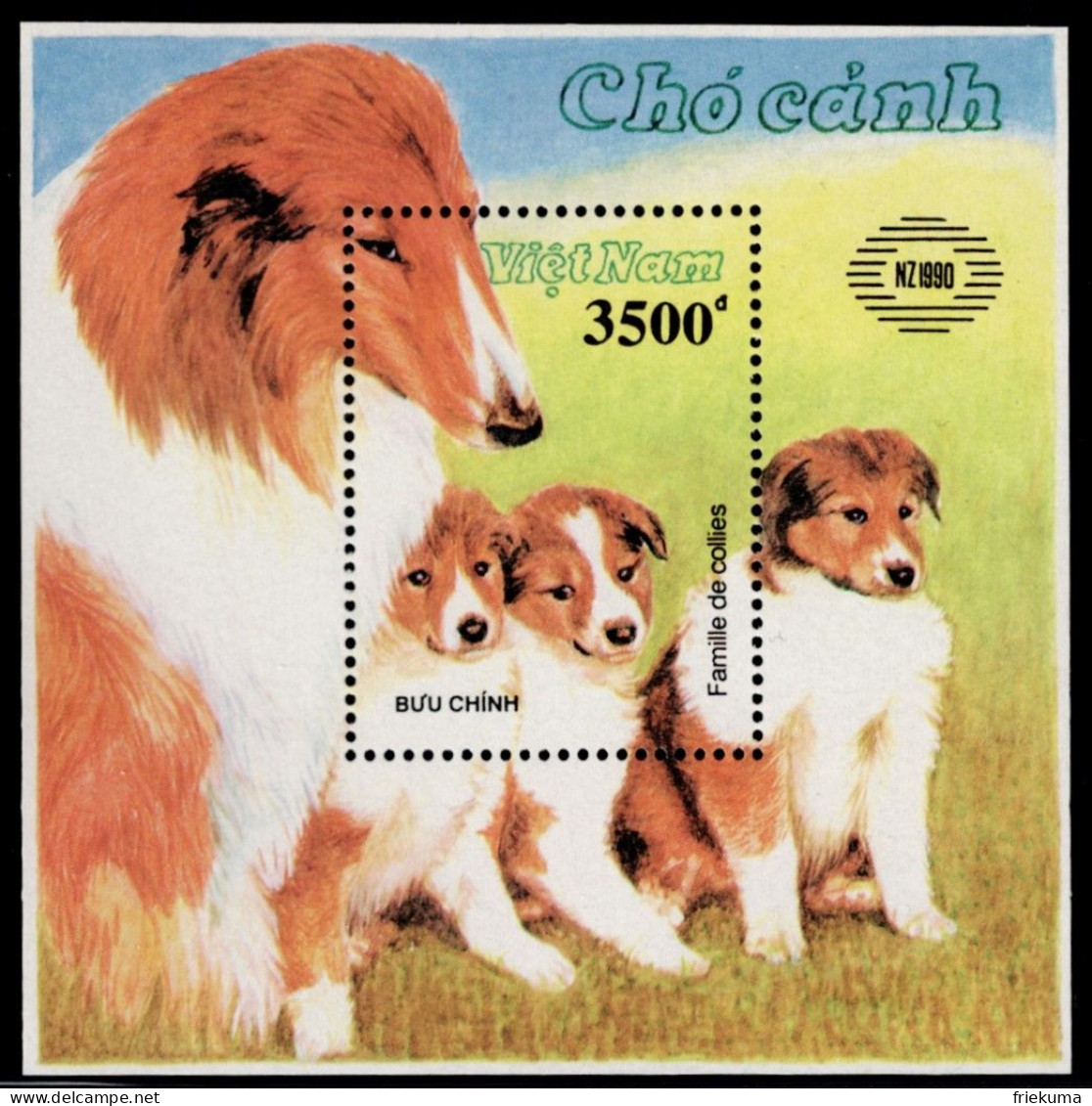 Vietnam 1990, International Stamp Exhibition NEW ZEALAND '90, Auckland, Dogs: Collie With Puppies, MiNr. 2175 Block 78 - Perros