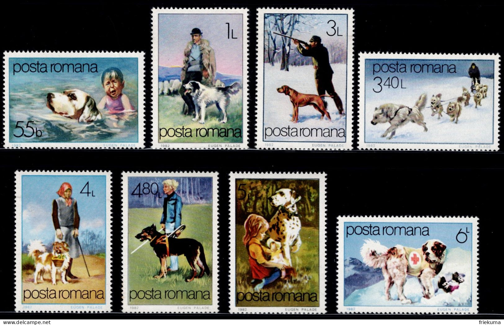 Romania 1982, Dog As Man's Friend: The Dog As Lifesaver, Dog As Helper, Guide Dog, Avalanche Dog, Etc., MiNr. 3850-3857 - Honden