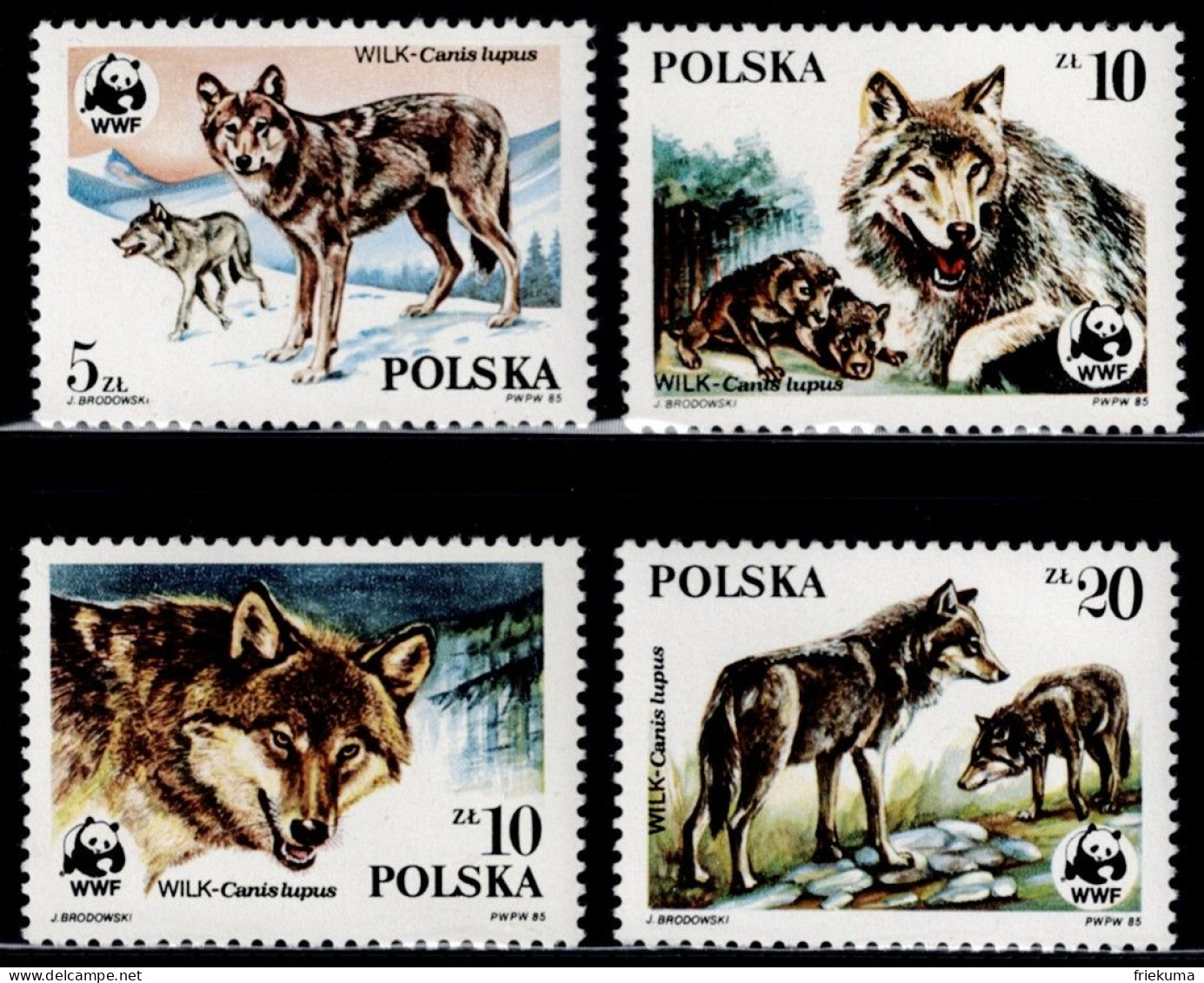 Polska 1985, Wolf: Wolves In Winter And Summer, She-wolf With Pups, Wolf (Canis Lupus), MiNr. 2975-2978 - Dogs