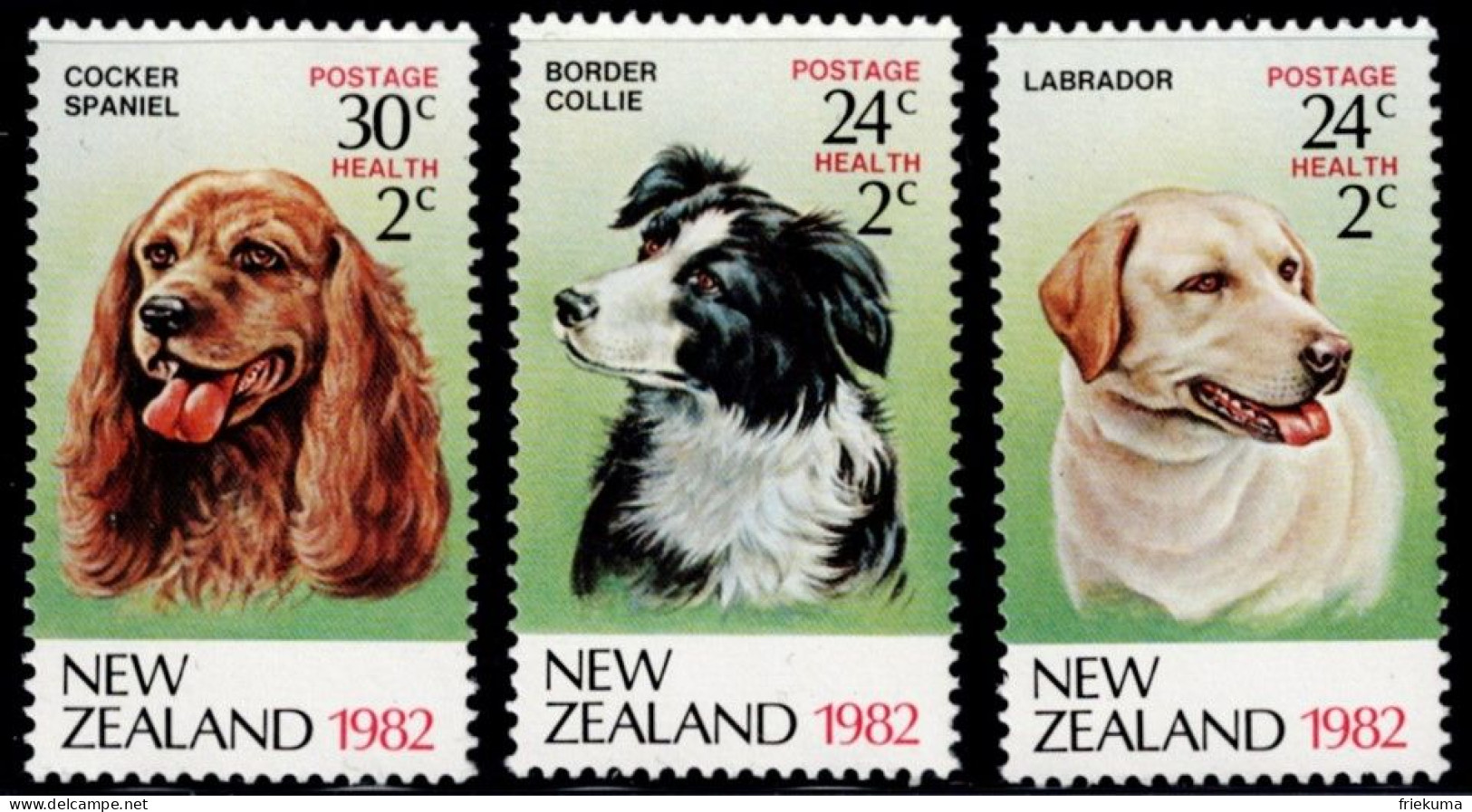 New Zealand 1982, Hunde/Chiens/Dogs: Labrador, Collie, Cocker Spaniel, MiNr. 849C-851C - Dogs