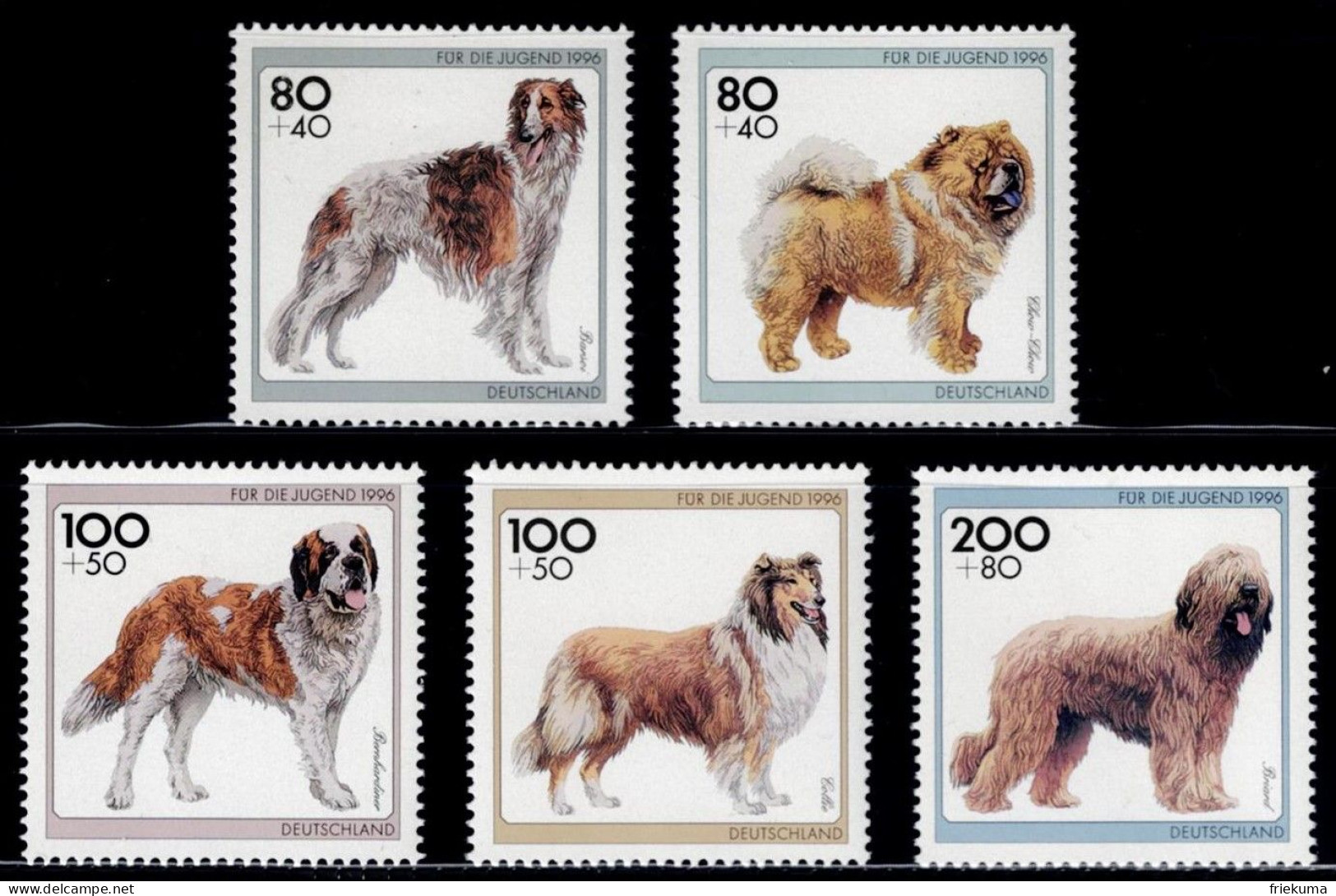 Bundesrepublik Deutschland 1996, Dog Breeds: Borzoi, Chow-Chow, St Bernard, Collie, Briard, MiNr. 1836-1840 - Cani