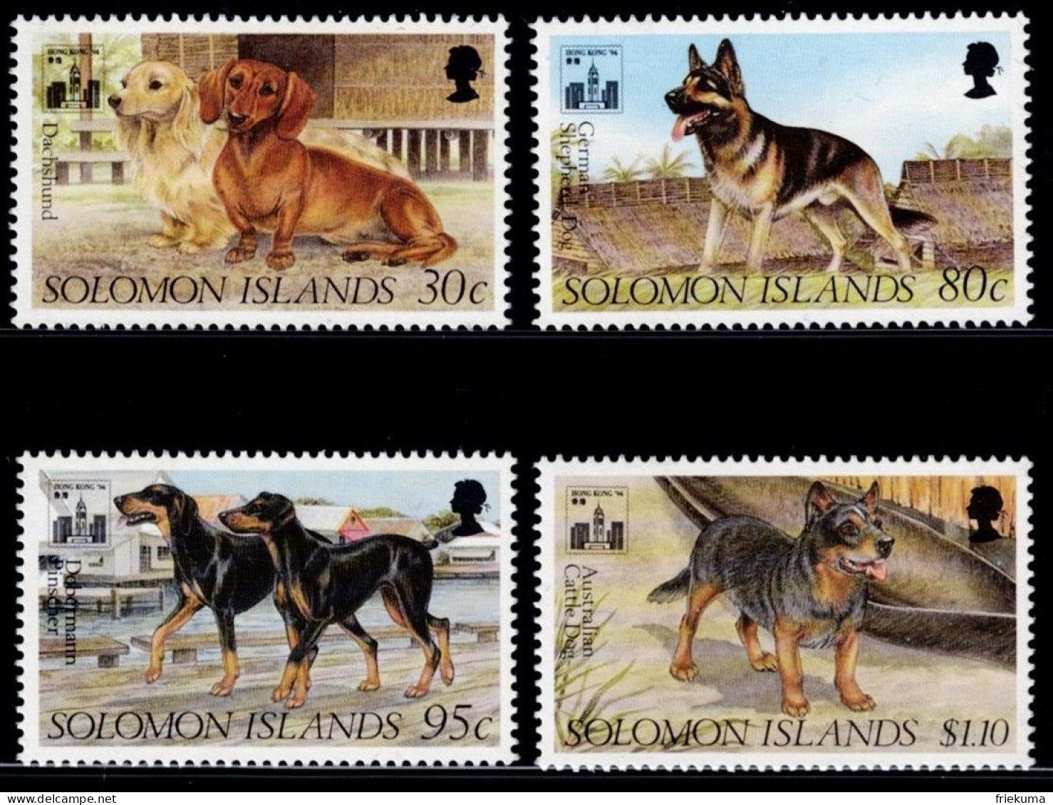 Solomon Islands 1994, Dogs: Longhaired And Shorthaired Dachshunds, Doberman, Australian Herding Dog, Etc., MiNr. 841-844 - Chiens