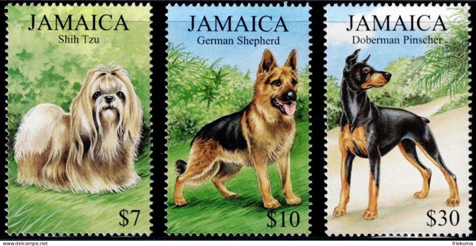 Jamaica 1999, Hunde/Chiens/Dogs: Shih-Tzu, German Shepherd Dog/Berger Allemand, Doberman, MiNr. 932-934 - Chiens