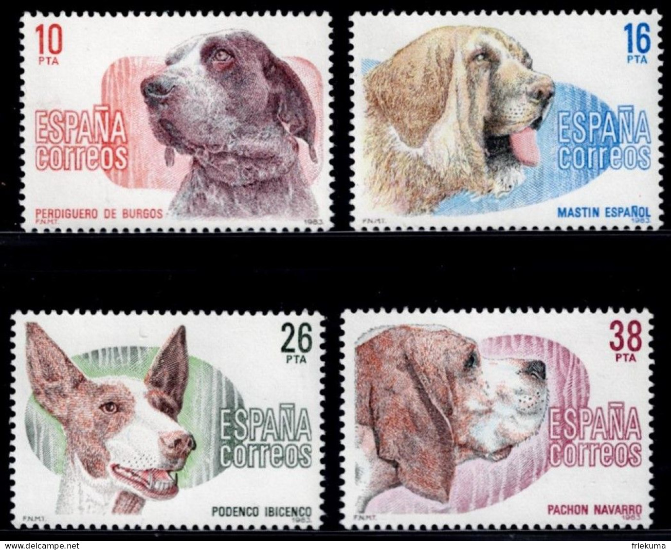 Spain 1983, Spanish Dogs: Burgos Pointing Dog, Spanish Shepherd Dog, Ibiza Hunting Dog, Navarro Pointer, MiNr. 2594-2597 - Hunde