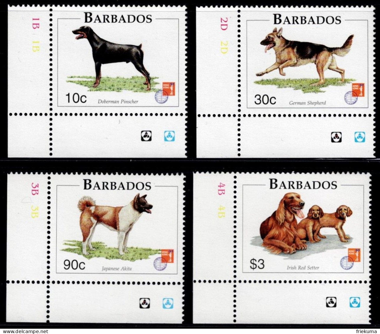 Barbados 1997, Races De Chiens/Dog Breeds: Doberman, German Shepherd Dog, Akita Inu, Irish Setter, MiNr. 914-917 - Chiens