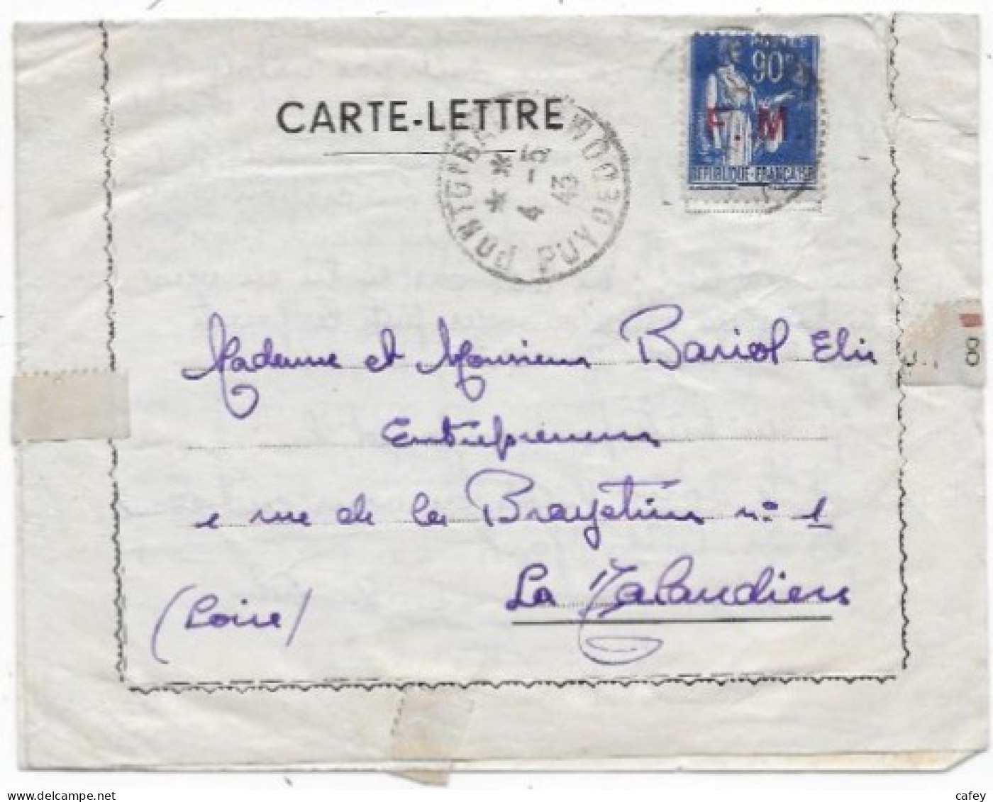 Carte Lettre  Càd PONTGIBAUD PUY DE DOME S/ Timbre FM Type PAIX 1943 - WW II