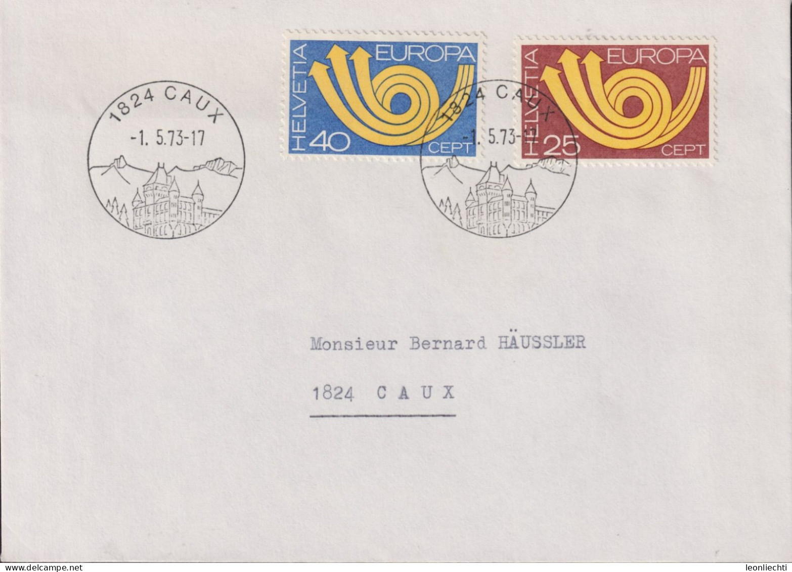 1973 Schweiz Brief, Zum:CH 543+544, Mi:CH 994+995, EUROPA, Posthorn, Stempel: 1824 CAUX - Storia Postale