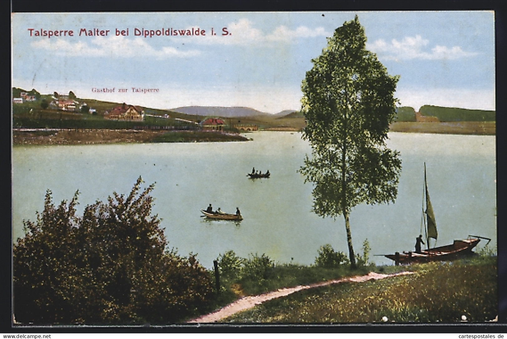 AK Dippoldiswalde I. S., Talsperre Malter Und Gasthof Zur Talsperre, Mit Bootsfahrern  - Dippoldiswalde