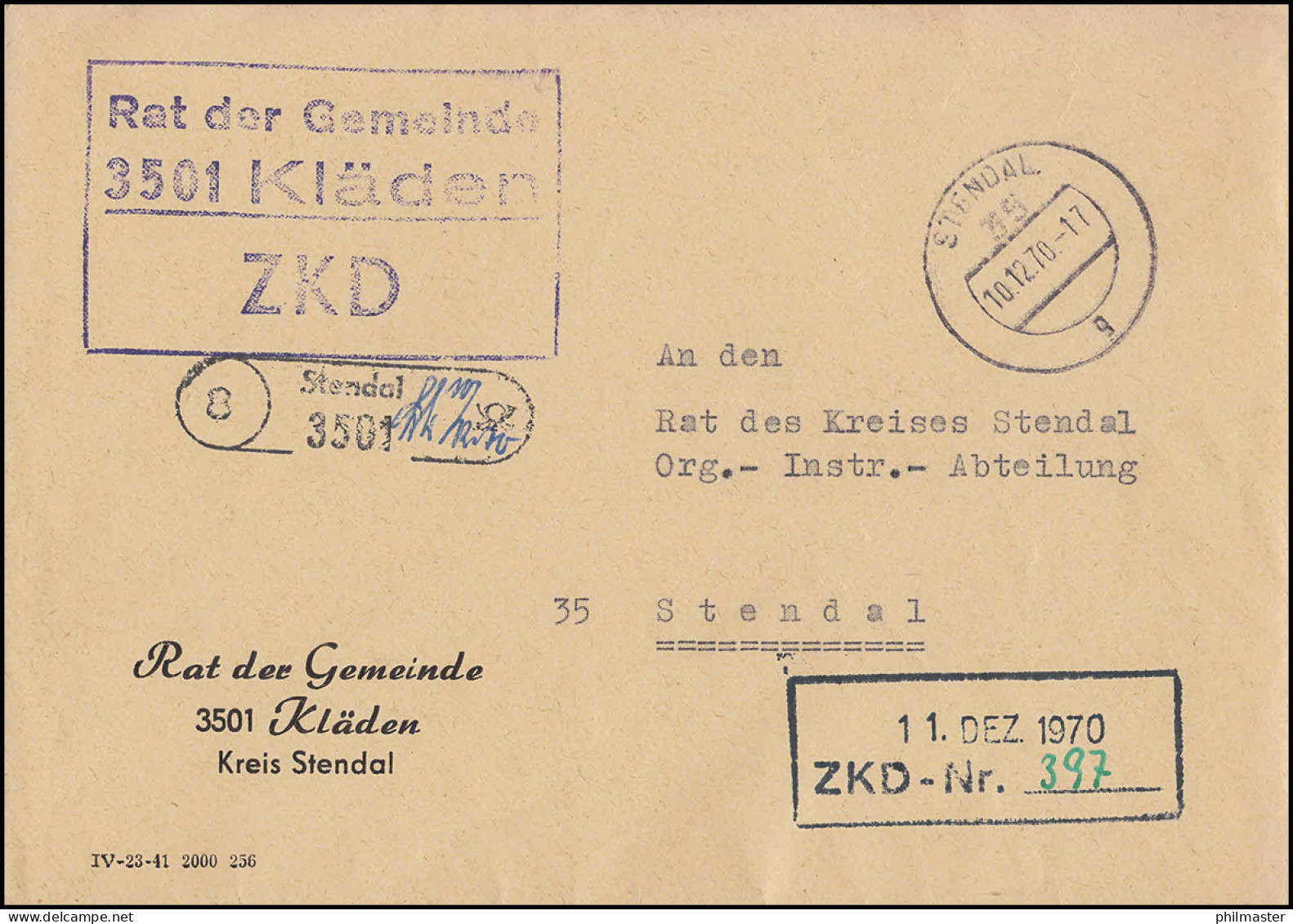 ZKD-Brief Rat Der Gemeinde Kläden / Postelle 8 Stendal 3501, STENDAL 10.12.70 - Andere & Zonder Classificatie