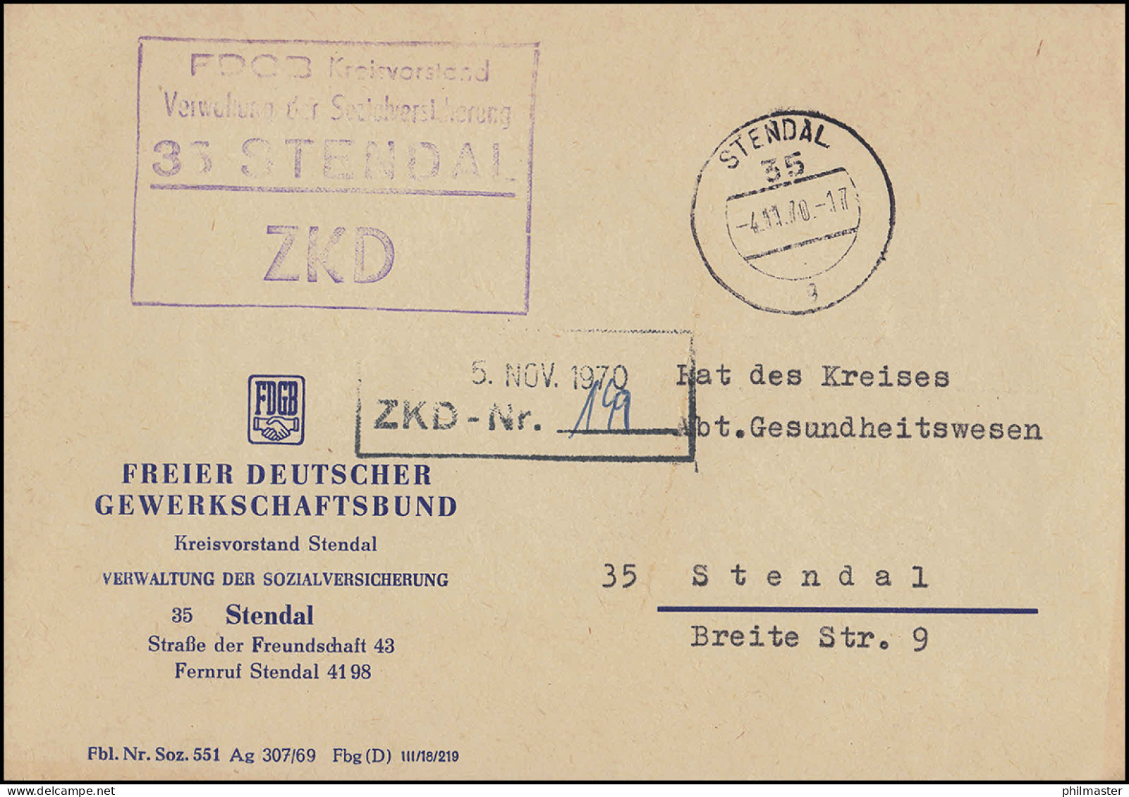 ZKD-Ortsbrief FDGB Kreisvorstand Verwaltung Sozialversicherung STENDAL 4.11.70 - Other & Unclassified