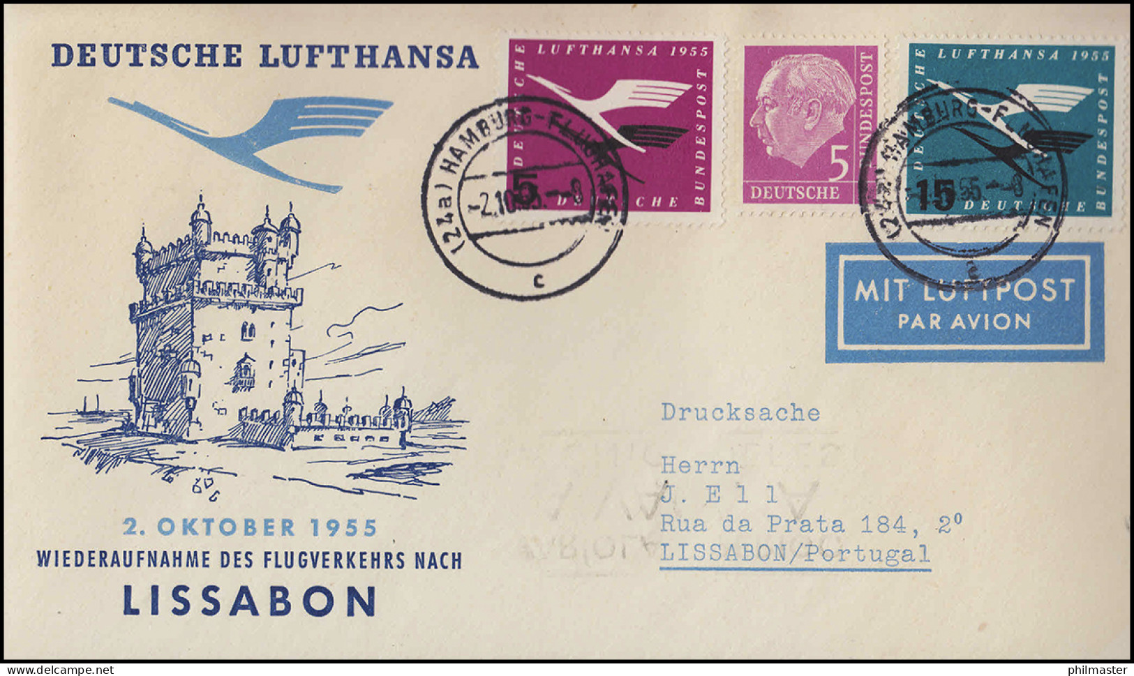 Eröffnungsflug Lufthansa Lissabon, Hamburg 2.10.1955 / Lisboa 3.10.55 - Erst- U. Sonderflugbriefe