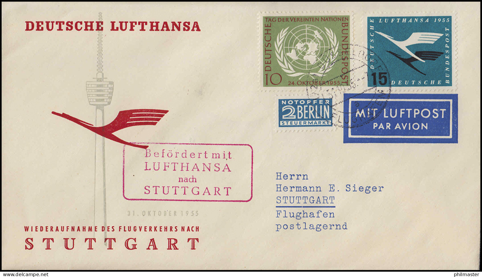 Luftpost Lufthansa Wiederaufnahme Inland, Düsseldorf/ Stuttgart 31.10.1955 - First Flight Covers