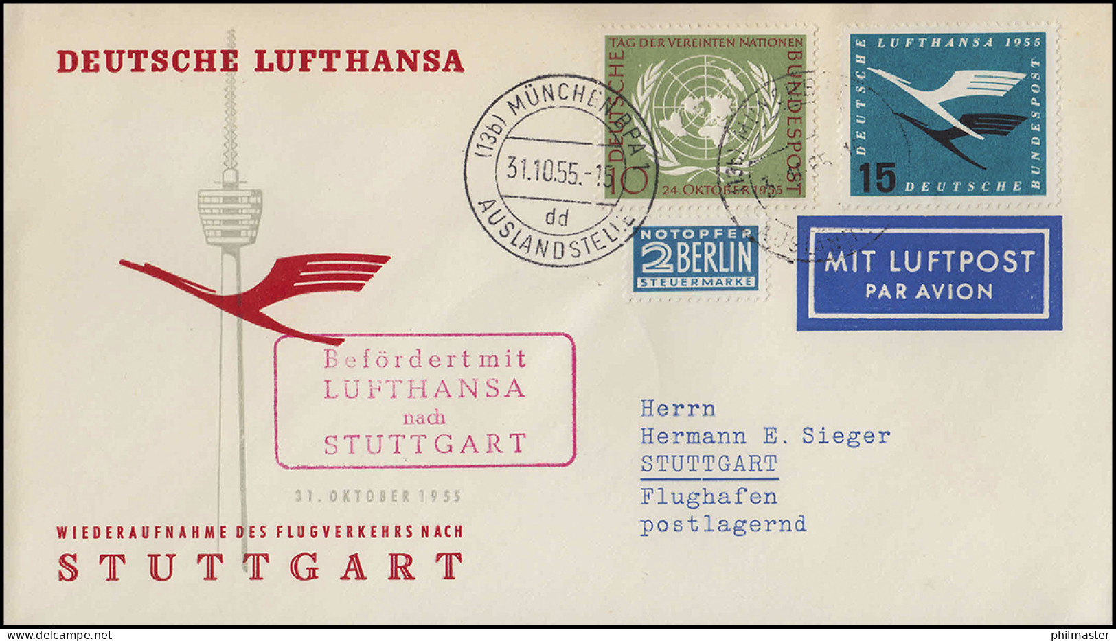 Luftpost Lufthansa Wiederaufnahme Inland, München/ Stuttgart 31.10.1955 - Erst- U. Sonderflugbriefe