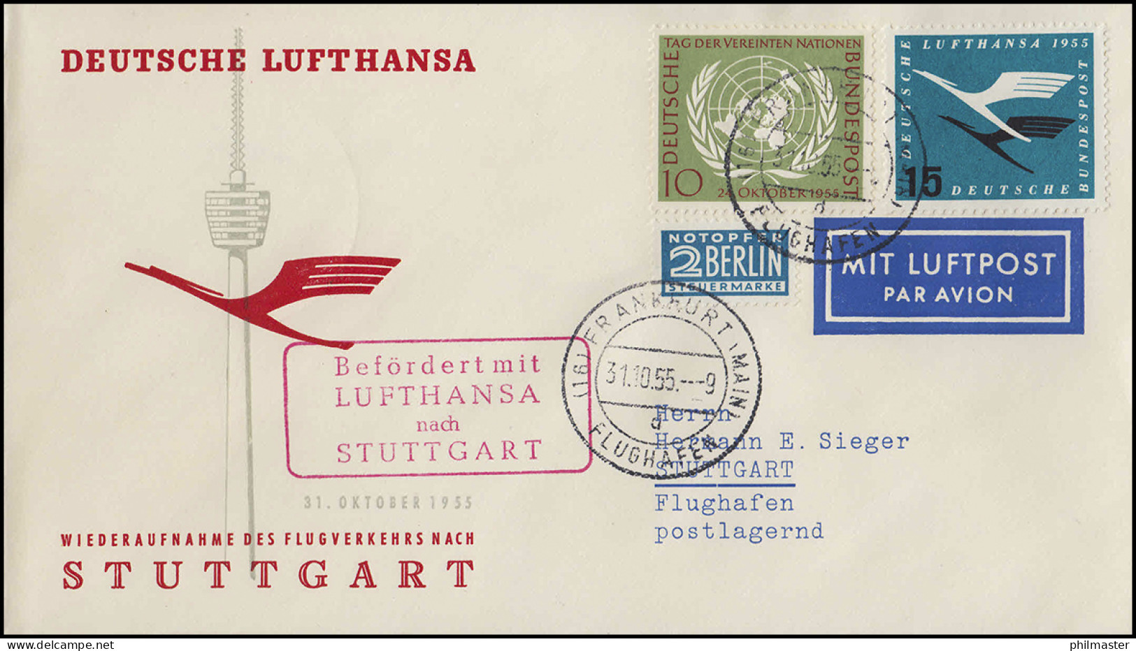 Luftpost Lufthansa Wiederaufnahme Inland, Frankfurt Main/ Stuttgart 31.10.1955 - Erst- U. Sonderflugbriefe