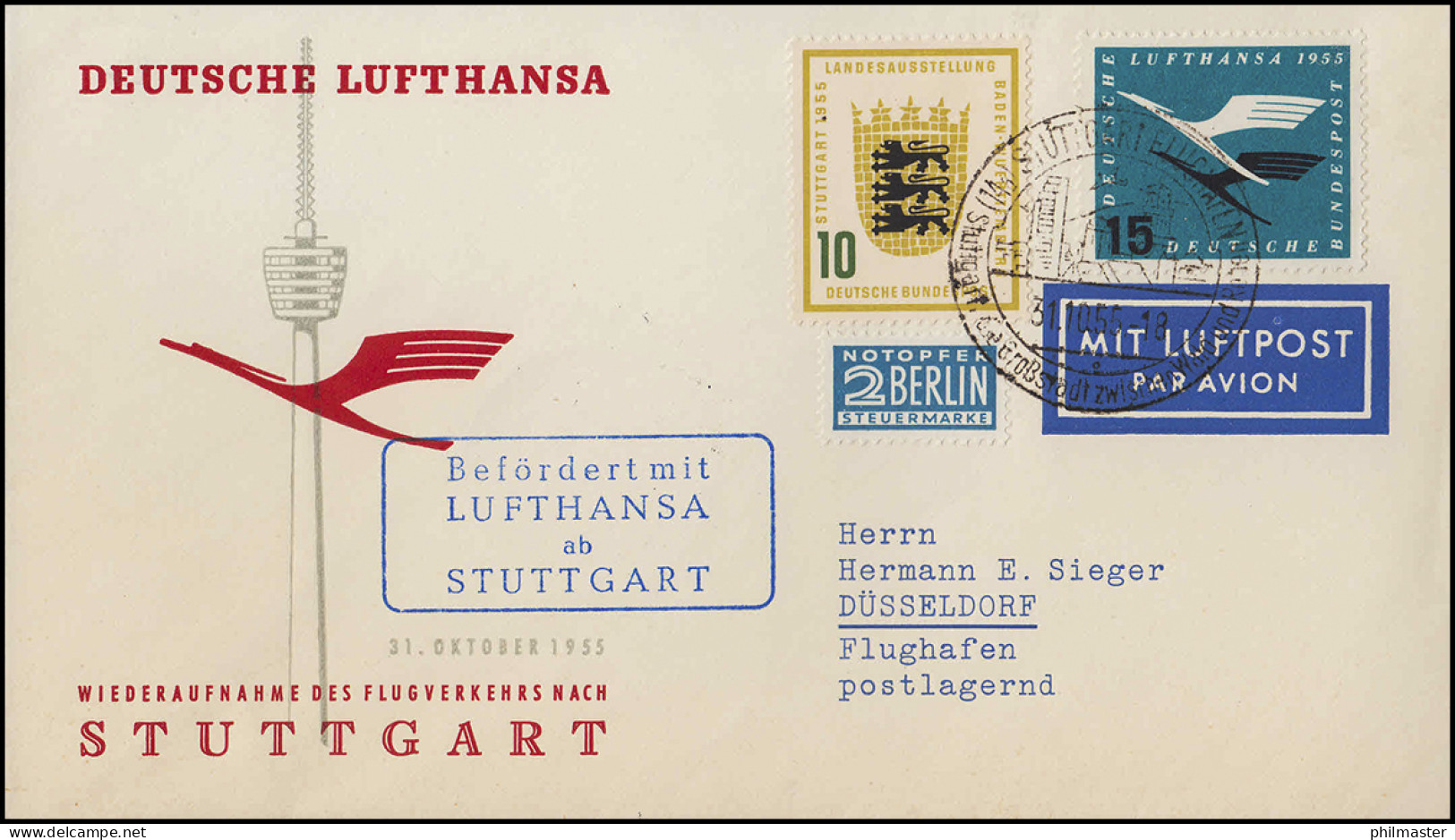 Luftpost Lufthansa Wiederaufnahme Inland, Stuttgart/ Düsseldorf 31.10./1.11.1955 - Erst- U. Sonderflugbriefe