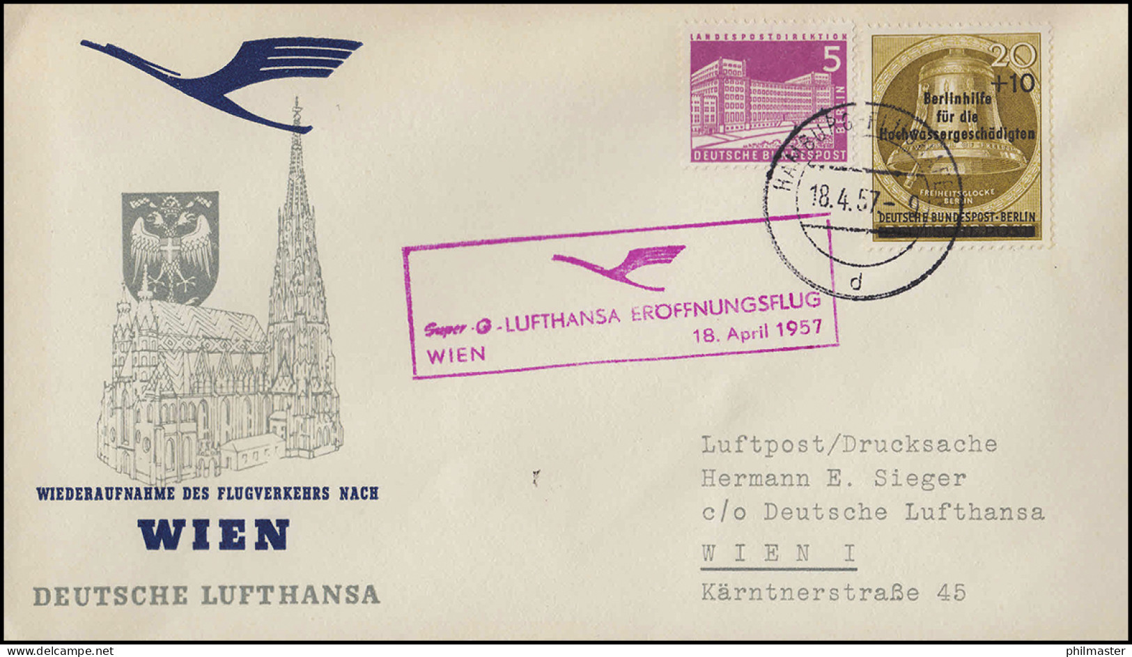 Eröffnungsflug Lufthansa Nach Wien, Hamburg 18.4.1957/ Wien 101 18.4.1957 - Premiers Vols