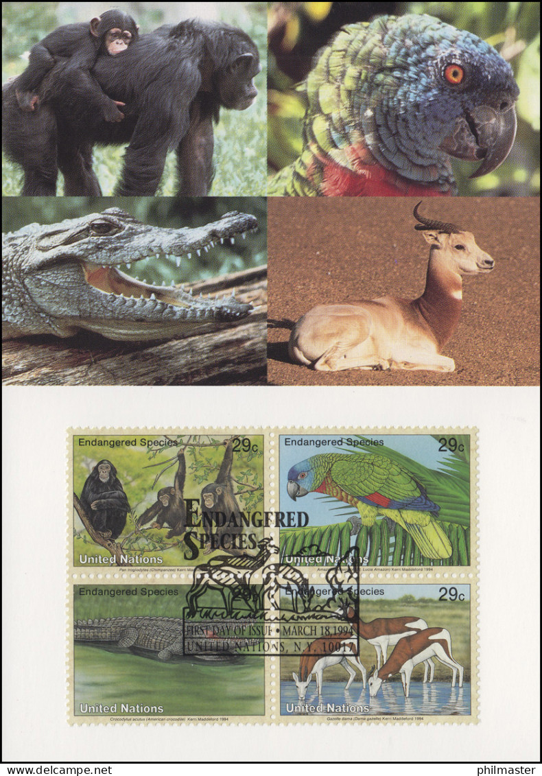 MK 22 Von UNO New York 663-666 Gefährdete Arten Fauna 1994, Amtl. Maximumkarte  - Autres & Non Classés