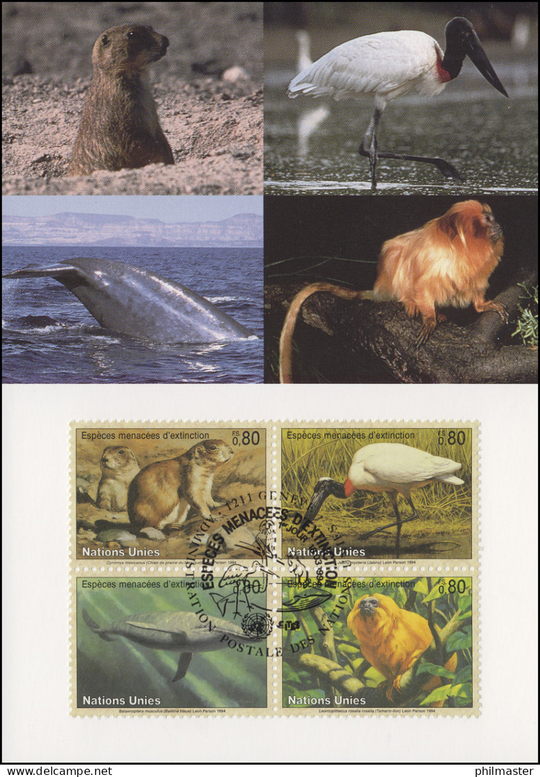 MK 23 Von UNO Genf 245-248 Gefährdete Arten Fauna 1993, Amtliche Maximumkarte - Autres & Non Classés