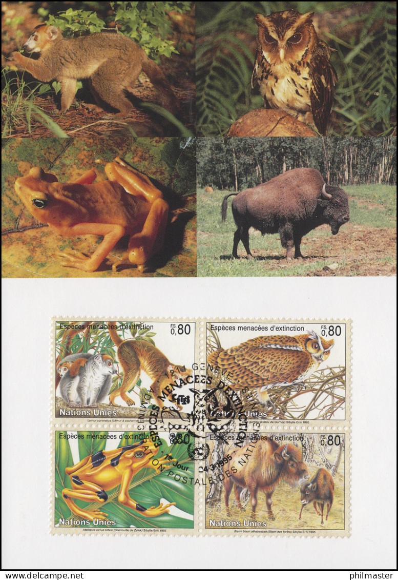 MK 30 Von UNO Genf 263-266 Gefährdete Arten Fauna 1995, Amtliche Maximumkarte - Autres & Non Classés