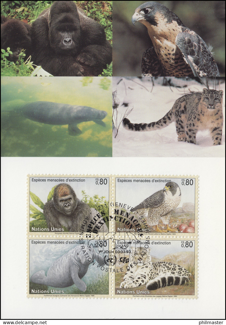 MK 17 Von UNO Genf 227-230 Gefährdete Arten Fauna 1993, Amtliche Maximumkarte - Sonstige & Ohne Zuordnung