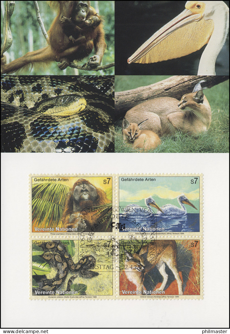 MK 61 Von UNO Wien 287-290 Gefährdete Arten Fauna 1999, Amtliche Maximumkarte - Altri & Non Classificati