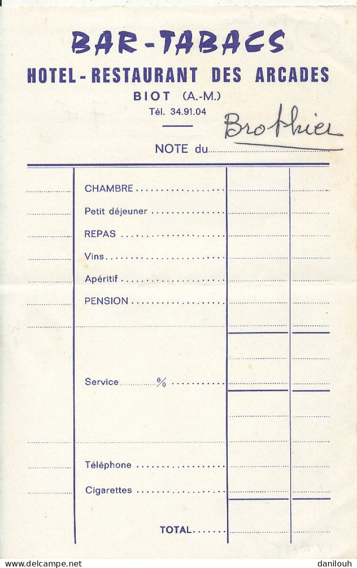 06 // BIOT  Note / Facture /  BAR TABACS HOTEL RESTAURANT DES ARCADES - Autres & Non Classés