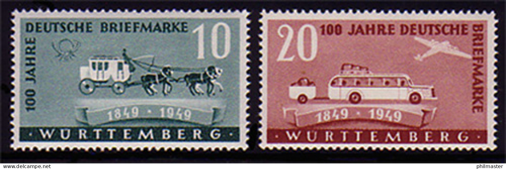 49-50 Württemberg 100 Jahre Deutsche Briefmarken 1949, Satz ** - Wurtemberg