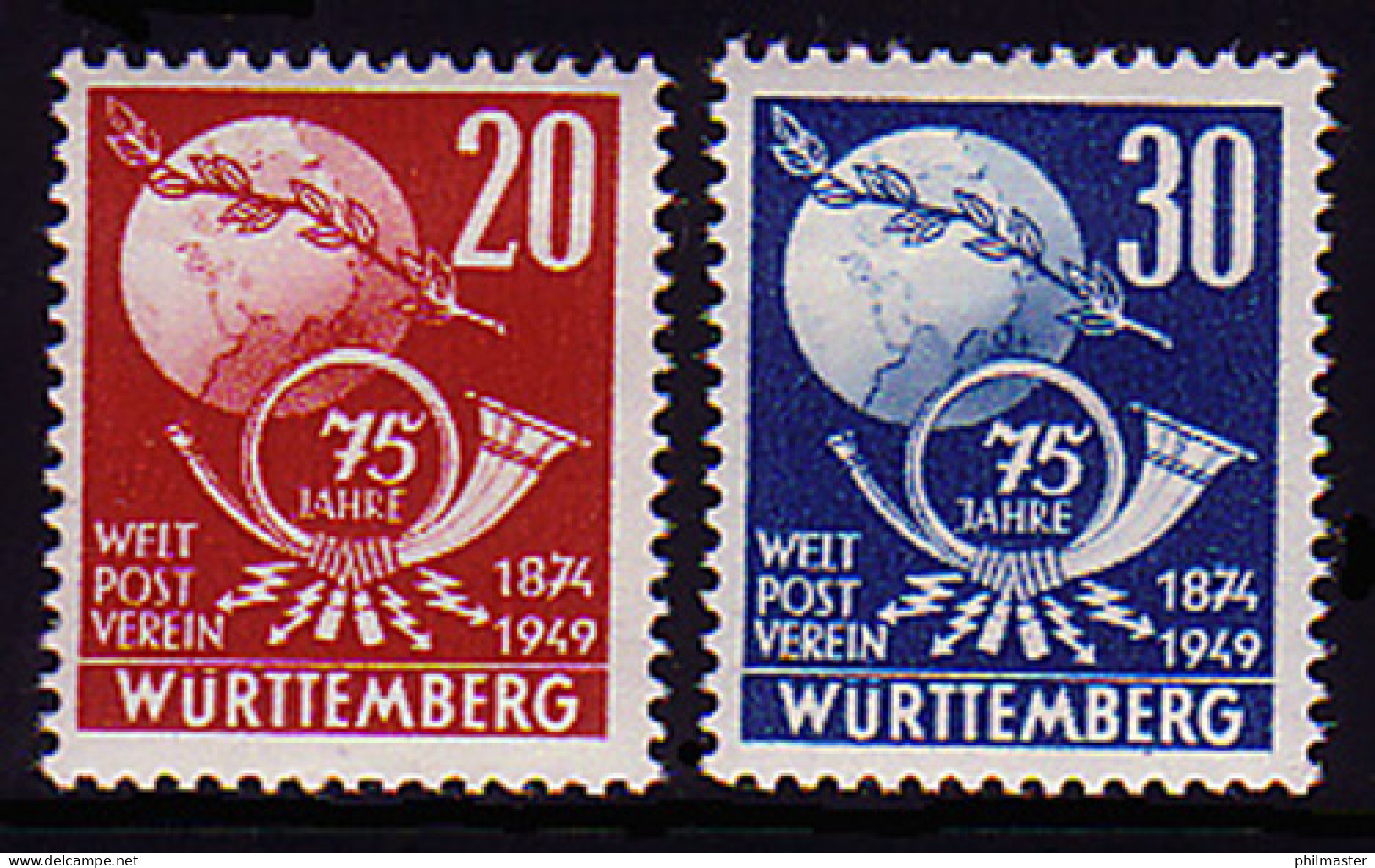 51-52 Württemberg Weltpostverein 1949, Satz ** Postfrisch - Wurtemberg