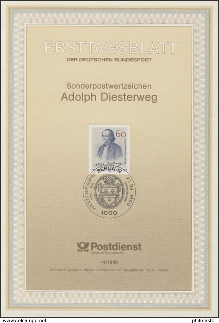 ETB 14/1990 Adolph Diesterweg, Pädagoge - 1° Giorno – FDC (foglietti)