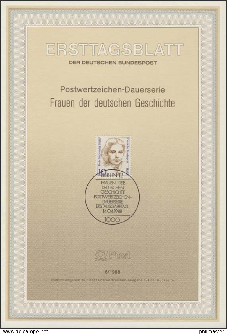 ETB 06/1988 Frauen, Paula Modersohn-Becker, Malerin - 1. Tag - FDC (Ersttagblätter)