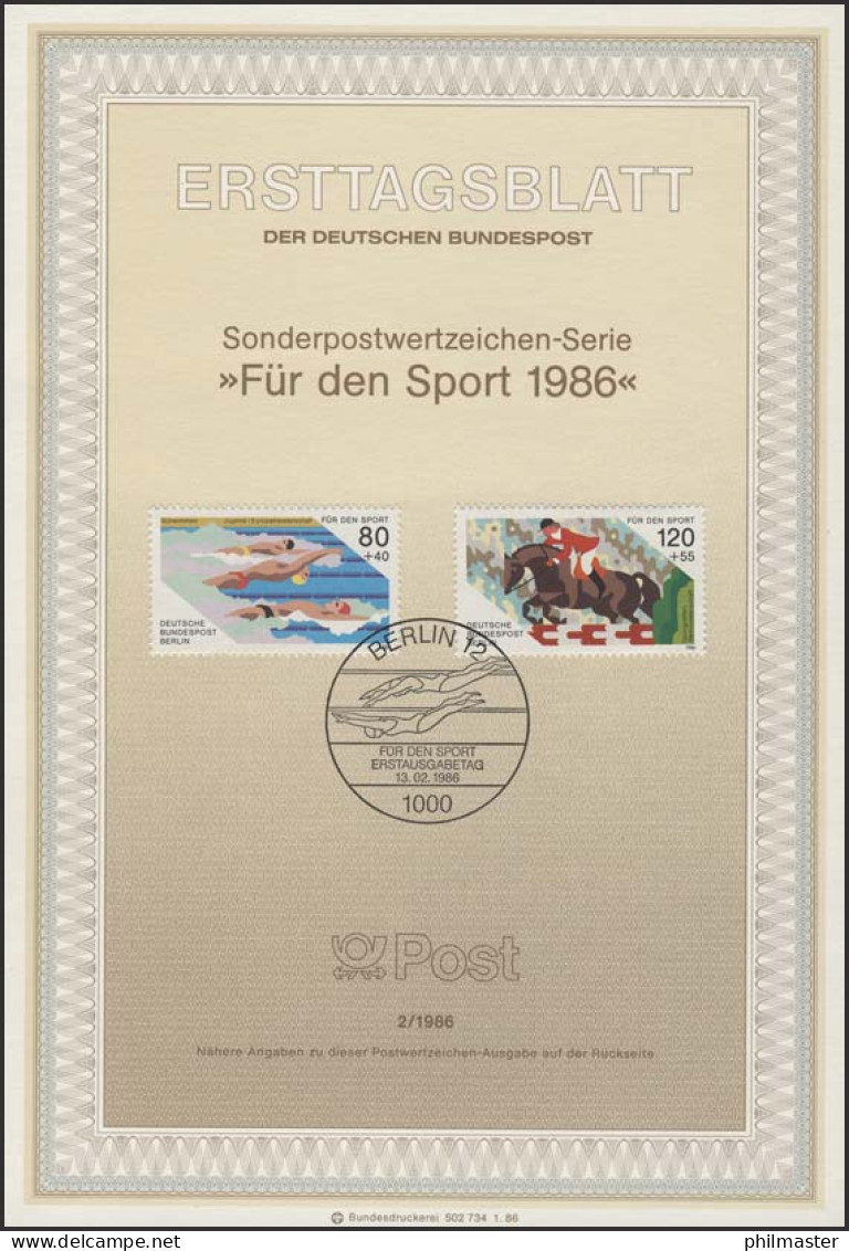 ETB 02/1986 Sport, Schwimmen, Springreiten - 1e Dag FDC (vellen)