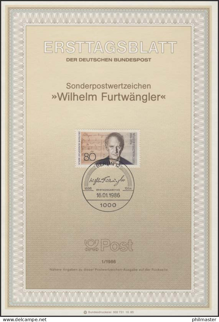 ETB 01/1986 Wilhelm Furtwängler, Komponist - 1. Tag - FDC (Ersttagblätter)