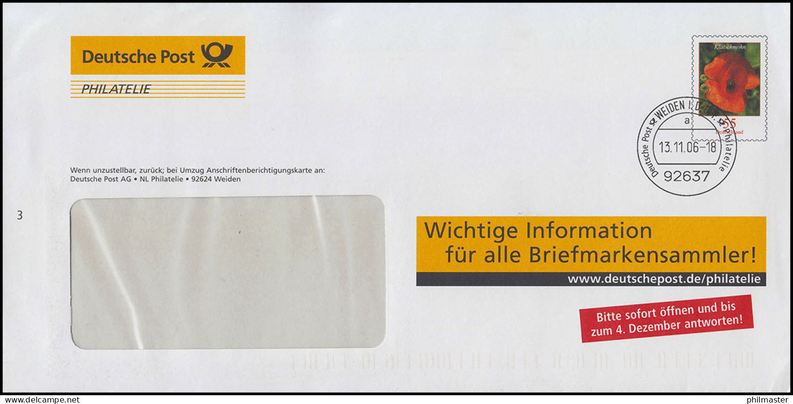 Plusbrief F 173 Klatschmohn: Info Für Alle Briefmarkensamler WEIDEN 13.11.06 - Enveloppes - Neuves