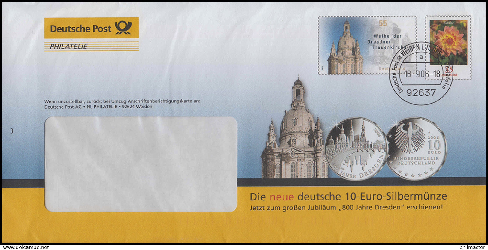 Plusbrief F 160 Frauenkirche+Dahlie: Werbung 10-Euro-Silbermünze WEIDEN 18.9.06 - Covers - Mint