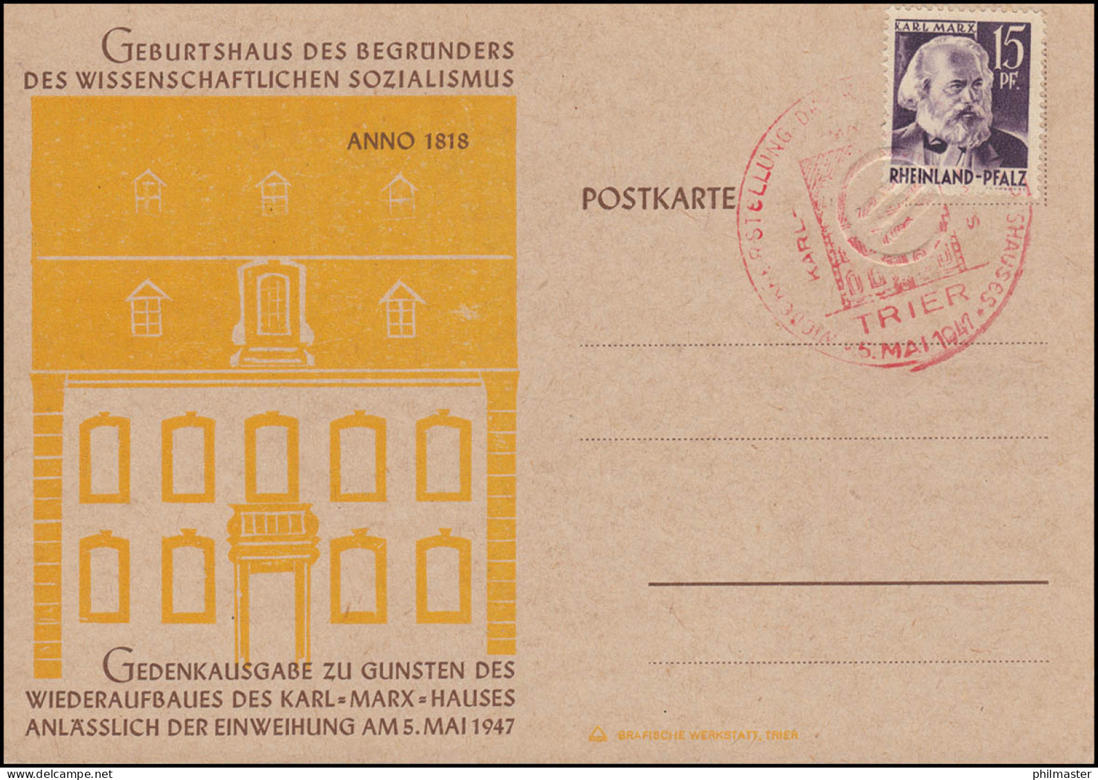 Marx FDC-Sonderpostkarte ANNO 1818 Graues Papier ESSt TRIER 5.5.1947 - Rijnland-Palts