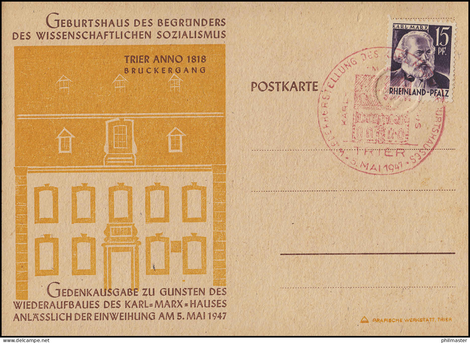 Marx FDC-Sonderpostkarte Bruckergang Gelbliches Papier ESSt TRIER 5.5.1947 - Rhine-Palatinate
