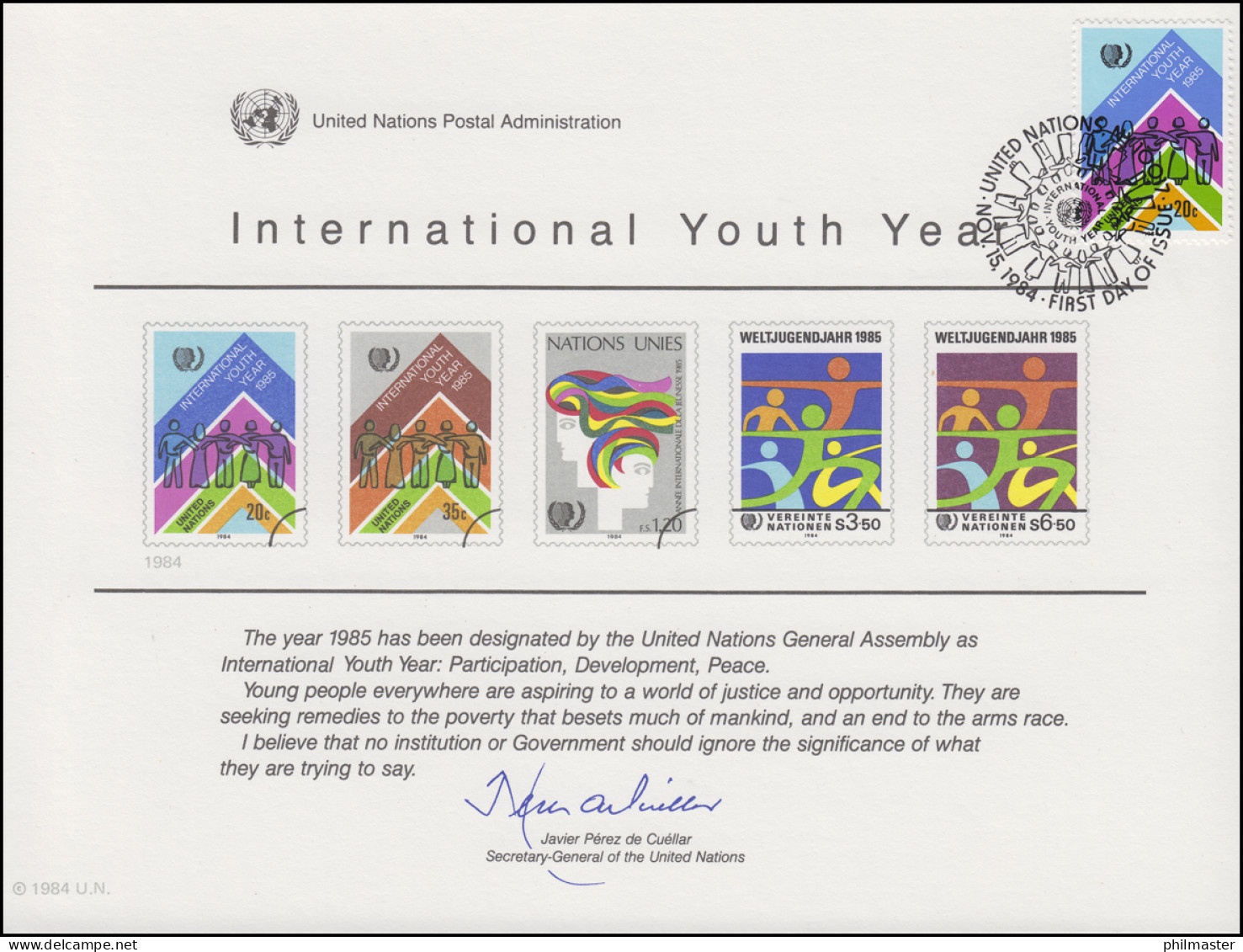 UNO Erinnerungskarte EK 26 Jahr Der Jugend 1984, NY-FDC 15.11.1984 - Other & Unclassified