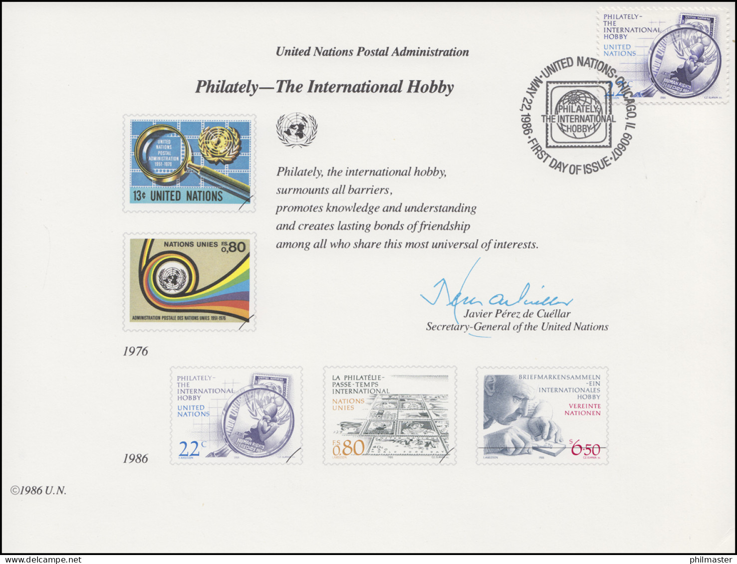 UNO Erinnerungskarte EK 29 Briefmarkensammeln 1986, Chicago-FDC 22.5.1986 - Sonstige & Ohne Zuordnung