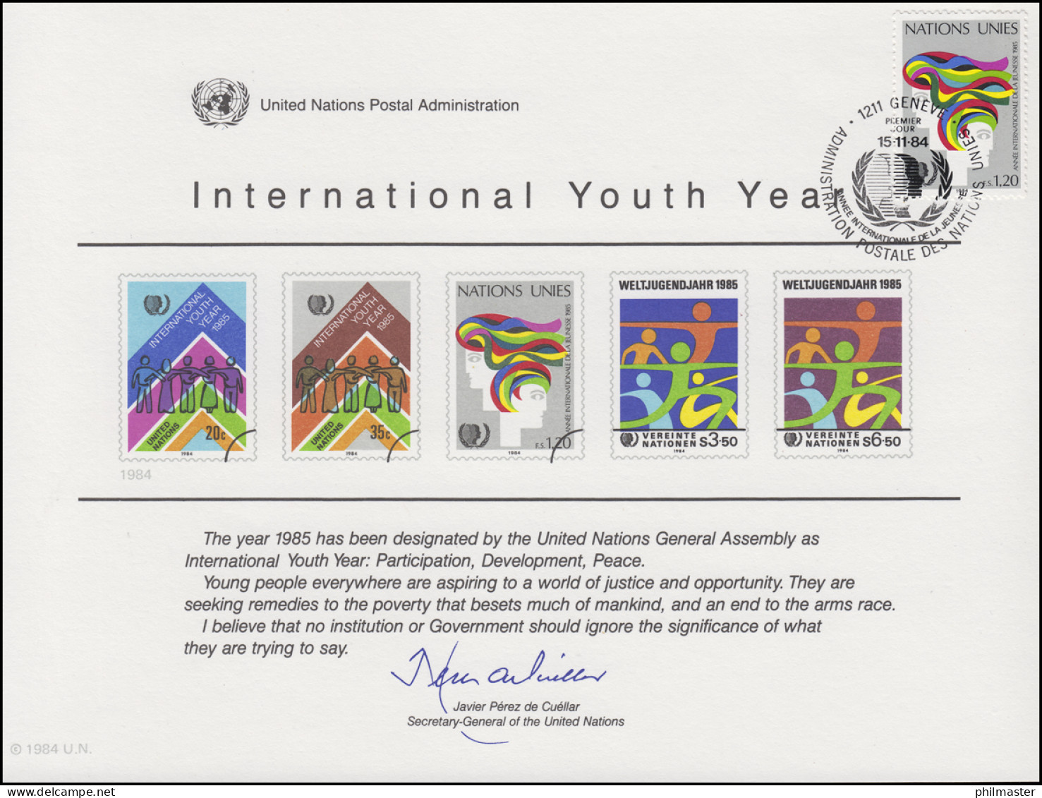 UNO Erinnerungskarte EK 26 Jahr Der Jugend 1984, Genf-FDC 15.11.1984 - Other & Unclassified