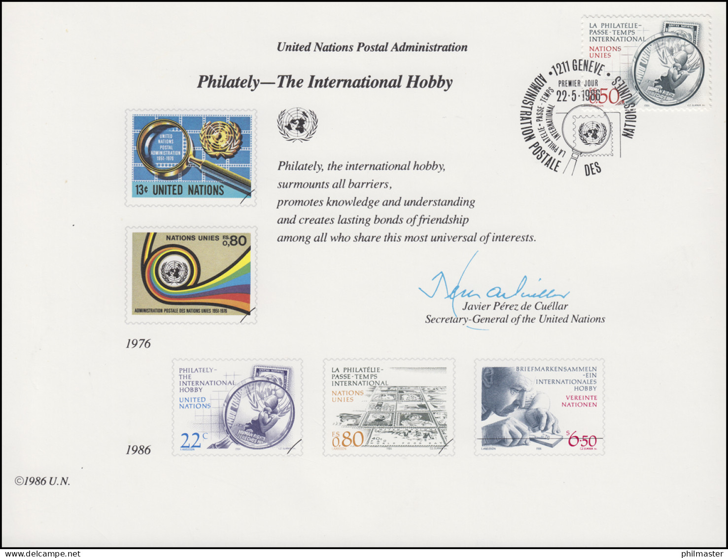 UNO Erinnerungskarte EK 29 Briefmarkensammeln 1986, Genf-FDC 22.5.1986 - Autres & Non Classés