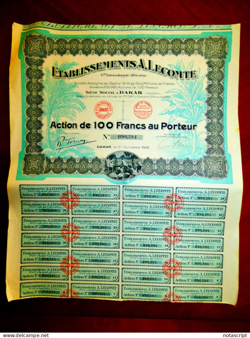 Etablissements A. Lecompte, Dakar, Senegal 1928 Share Certificate - Afrique