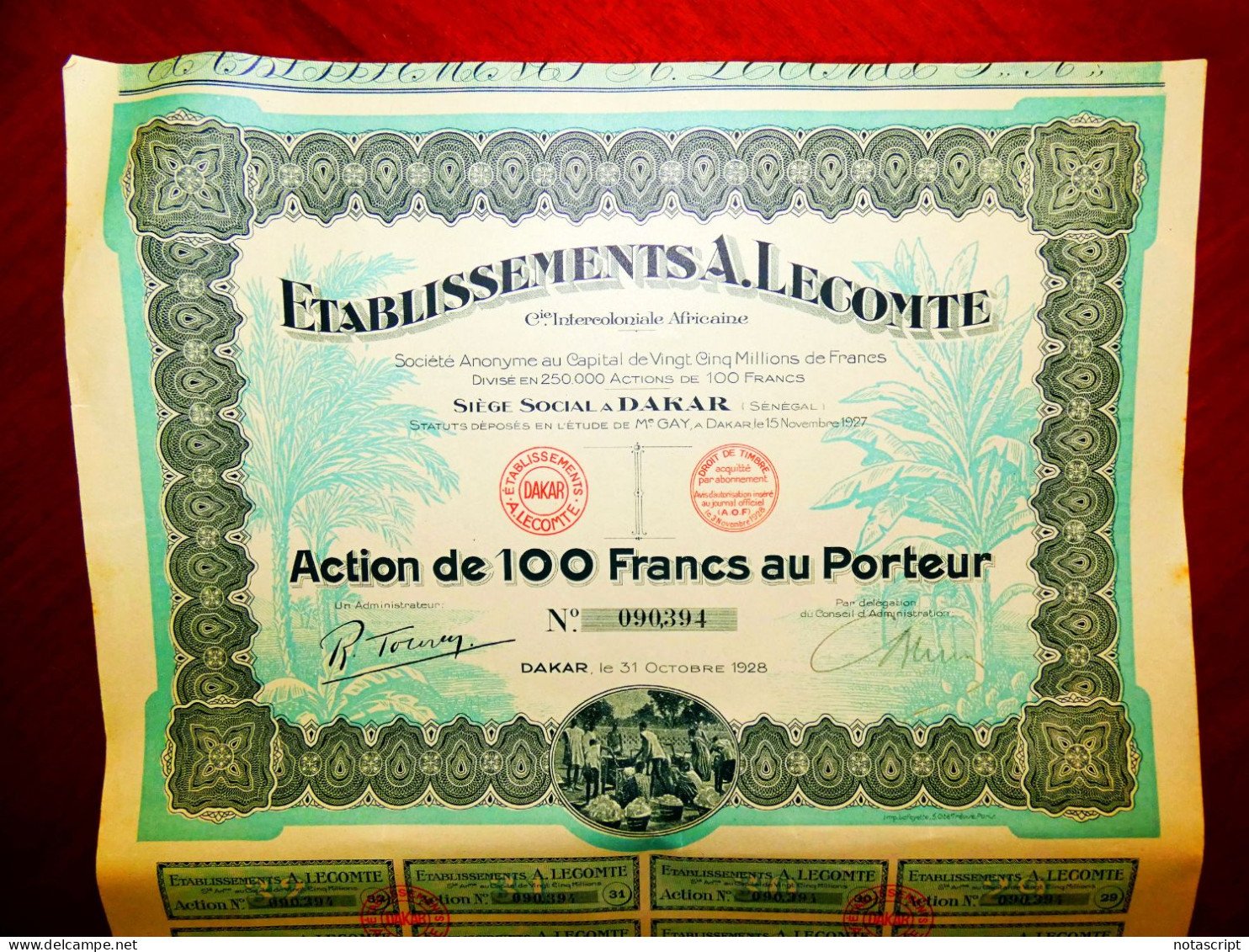 Etablissements A. Lecompte, Dakar, Senegal 1928 Share Certificate - Afrique