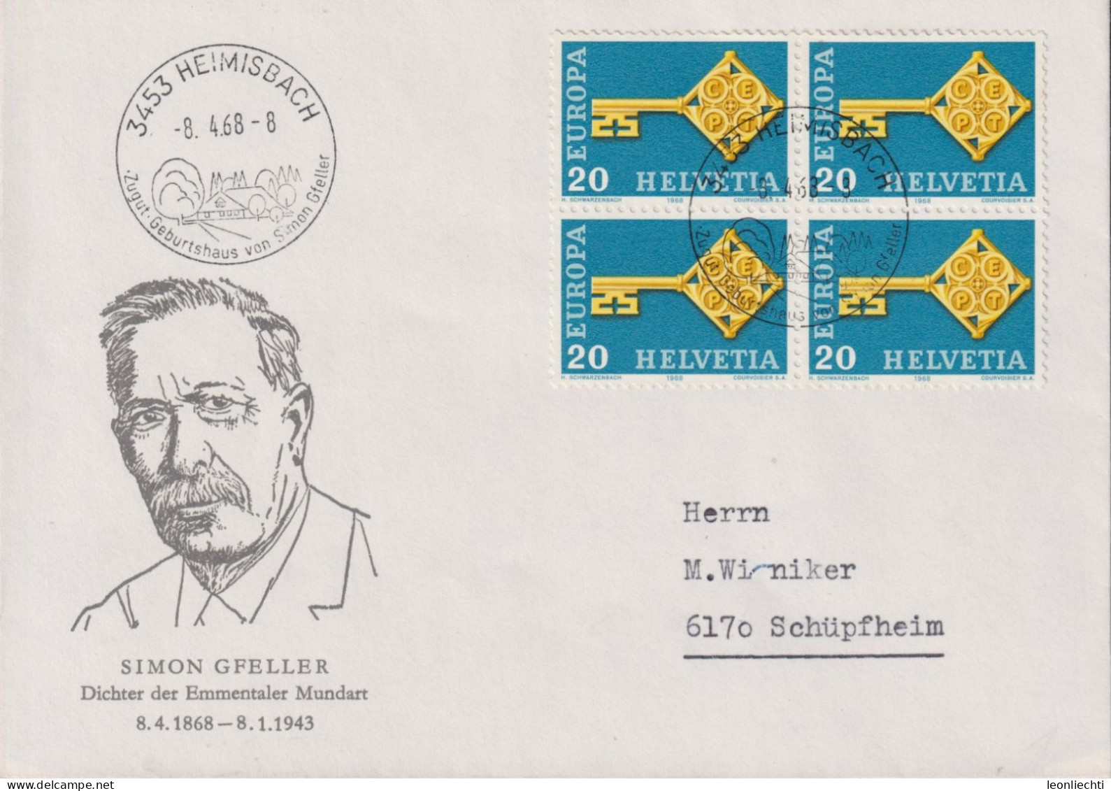 1968 Schweiz Brief, Zum:CH 456, Mi:CH 871, EUROPA, Schlüssel, Stempel: 3453 HEIMISBACH - Briefe U. Dokumente