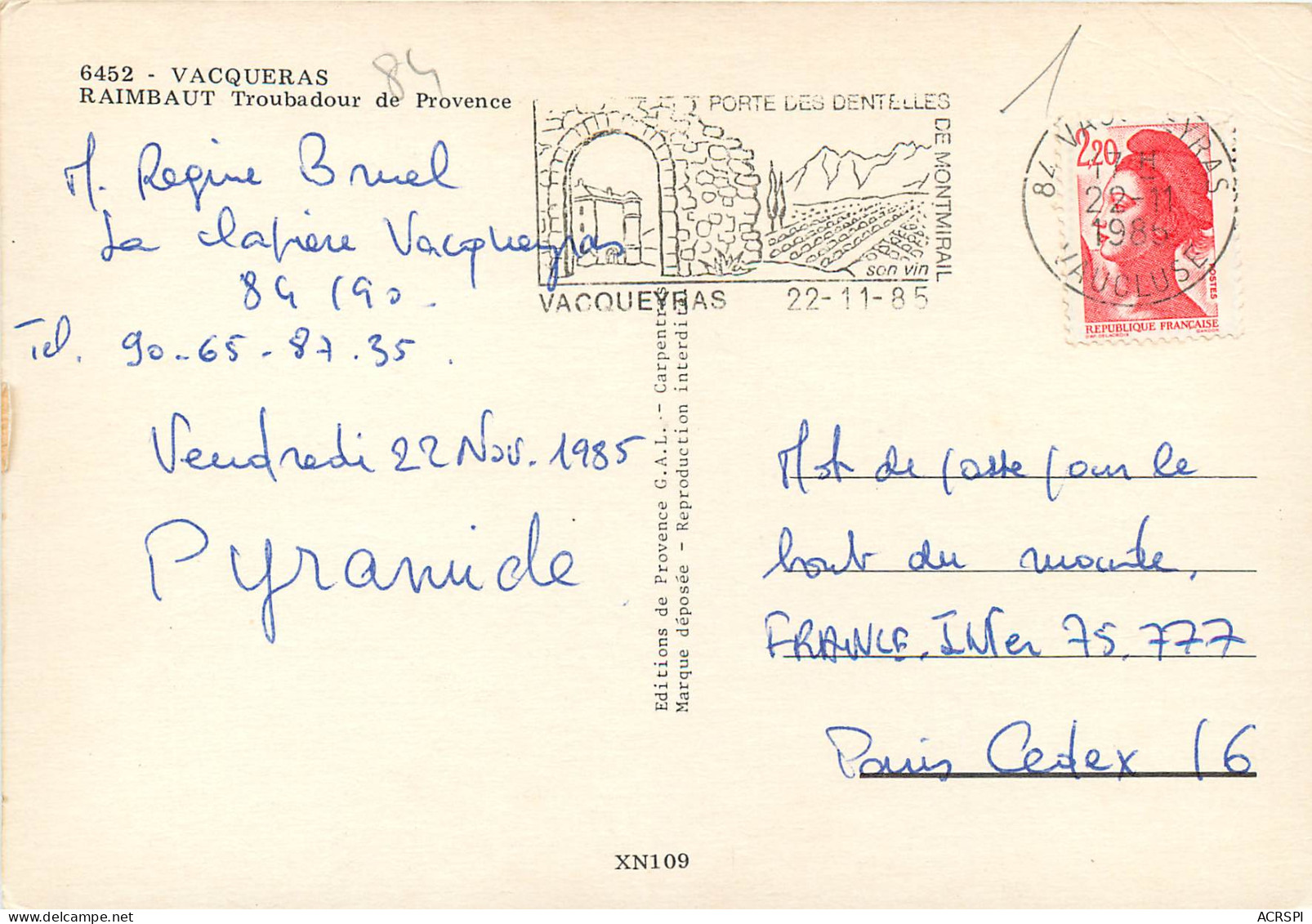 VACQUERAS RAIMBAUT Troubadour De Provence 7(scan Recto Verso)ME2697 - Sonstige & Ohne Zuordnung