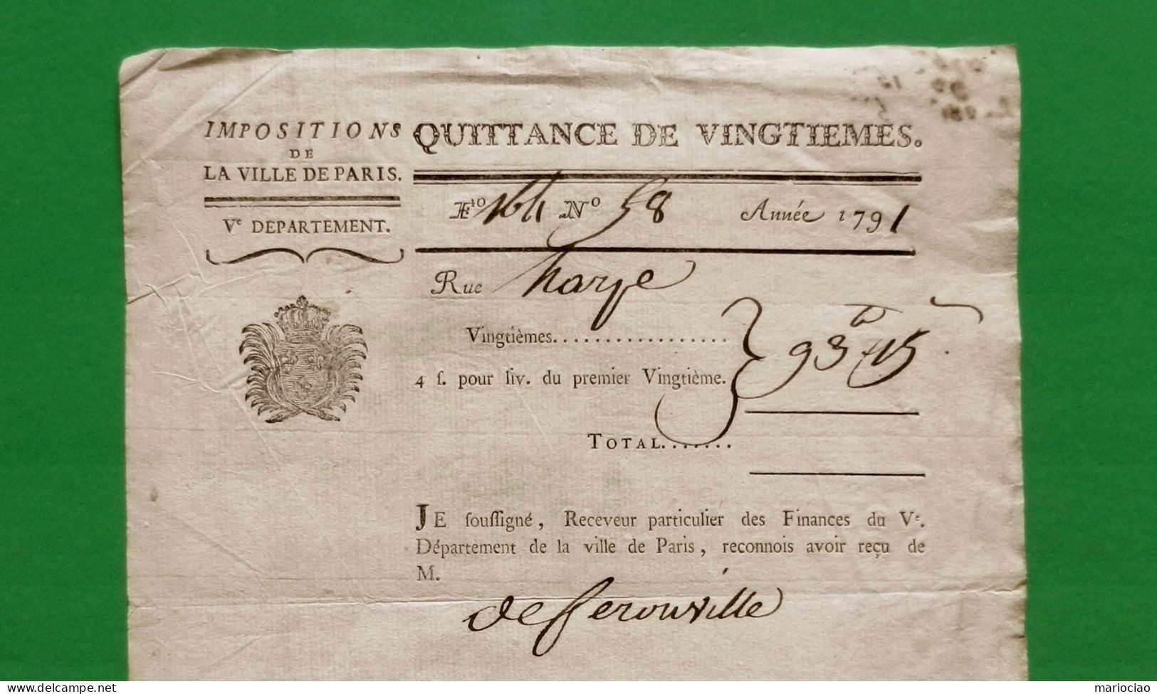 D-FR Révolution 1791 Quittance De Vingtièmes Ville De PARIS - Documents Historiques