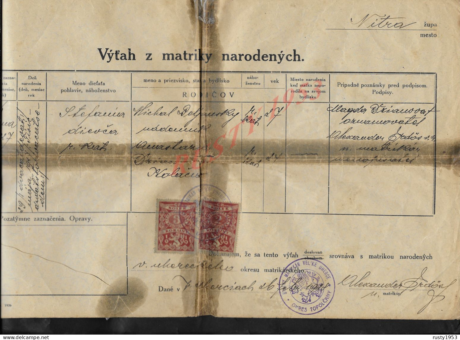 SLOVAQUIE ANCIEN DOCUMENT SUR TIMBRE FISCAUX EXTRAIT DU REGISTRE DES NAISSANCES CZECH REPUBLIK NITRA OKRES TOPOLCANY : - Sonstige & Ohne Zuordnung