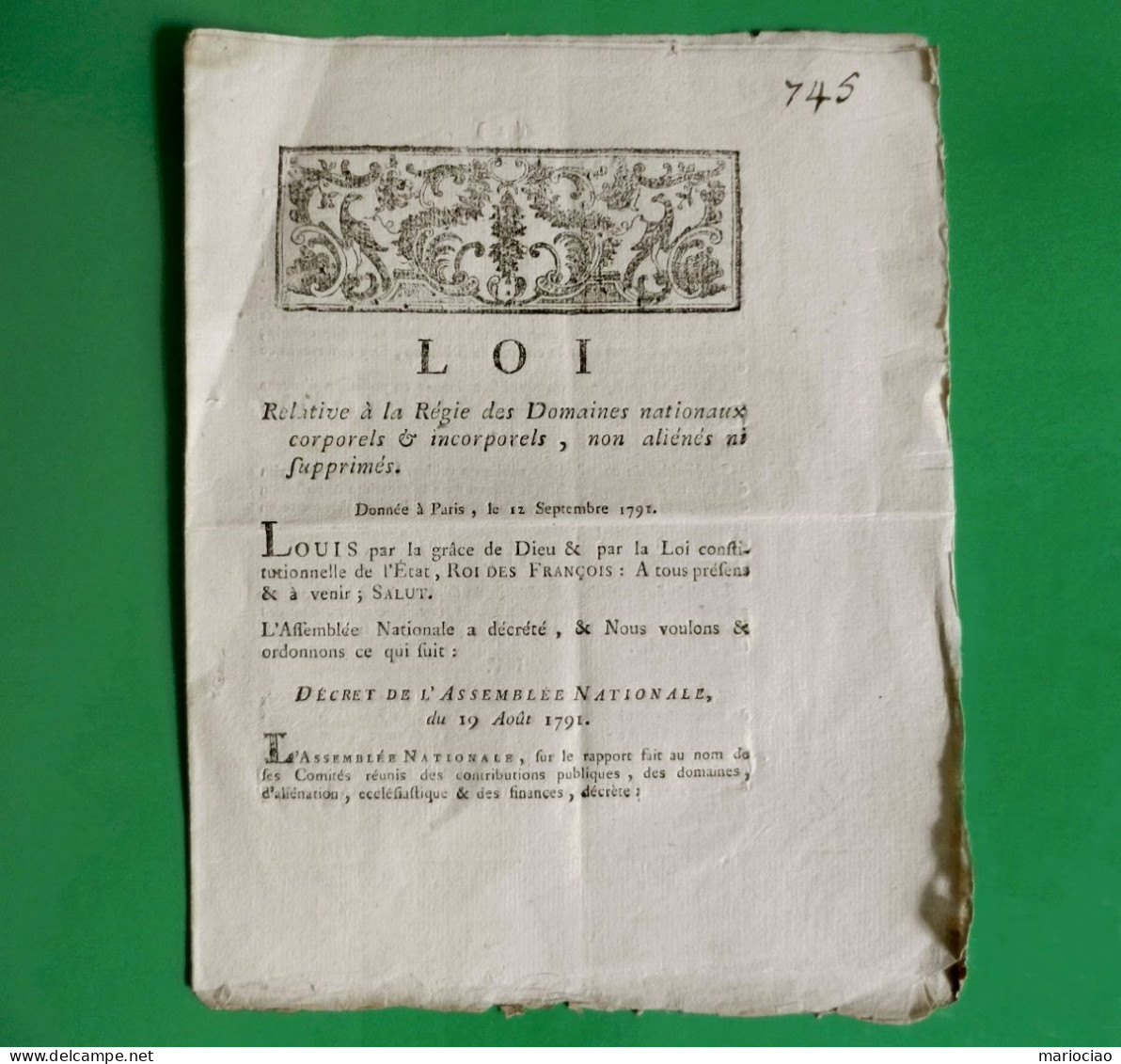 D-FR Révolution 1791 Regie Des Domaines Nationaux Corporels & Incorporels, Non Aliénés Ni Supprimés - Documents Historiques