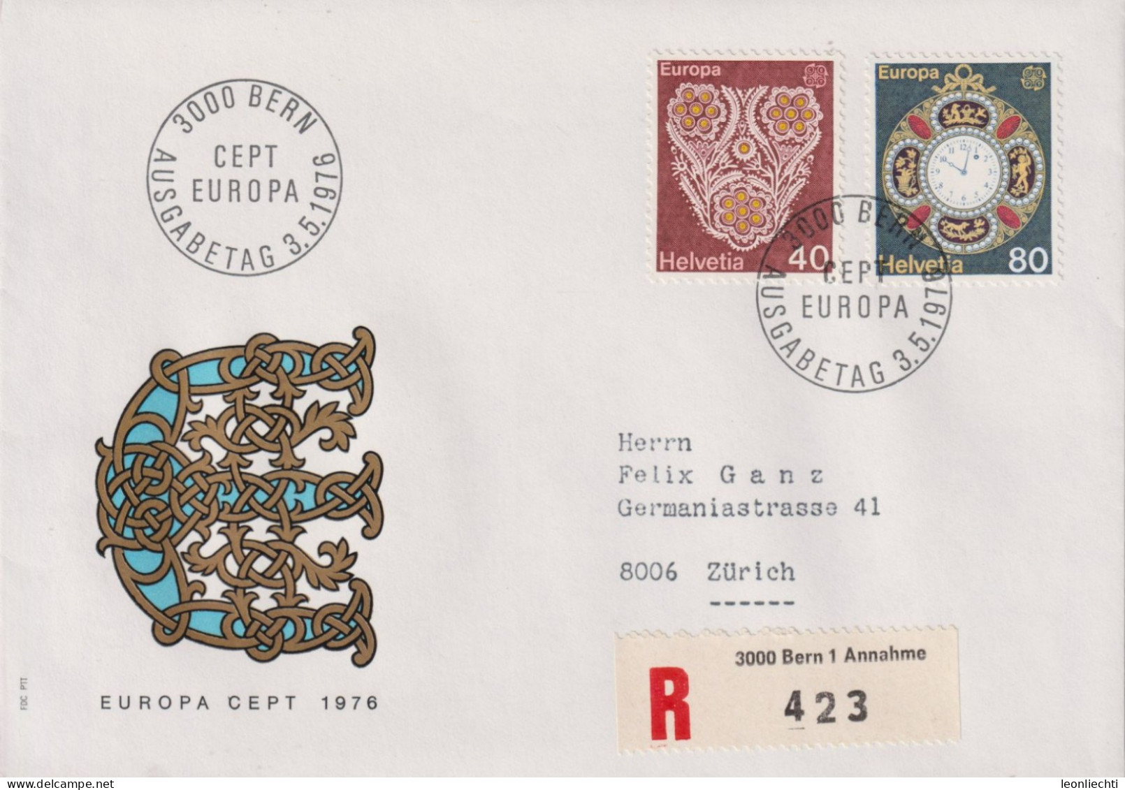 1976 Schweiz R-FDC, Zum:CH 576+577, Mi:CH 1073+1074, EUROPA, St. Galler Stickerei U. Antike Uhr - FDC
