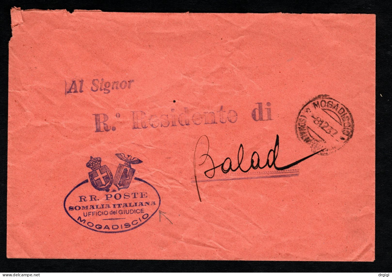 SOMALIA ITALIANA, BUSTA 1932, FRANCHIGIA, MOGADISCIO X BALAD - Somalia